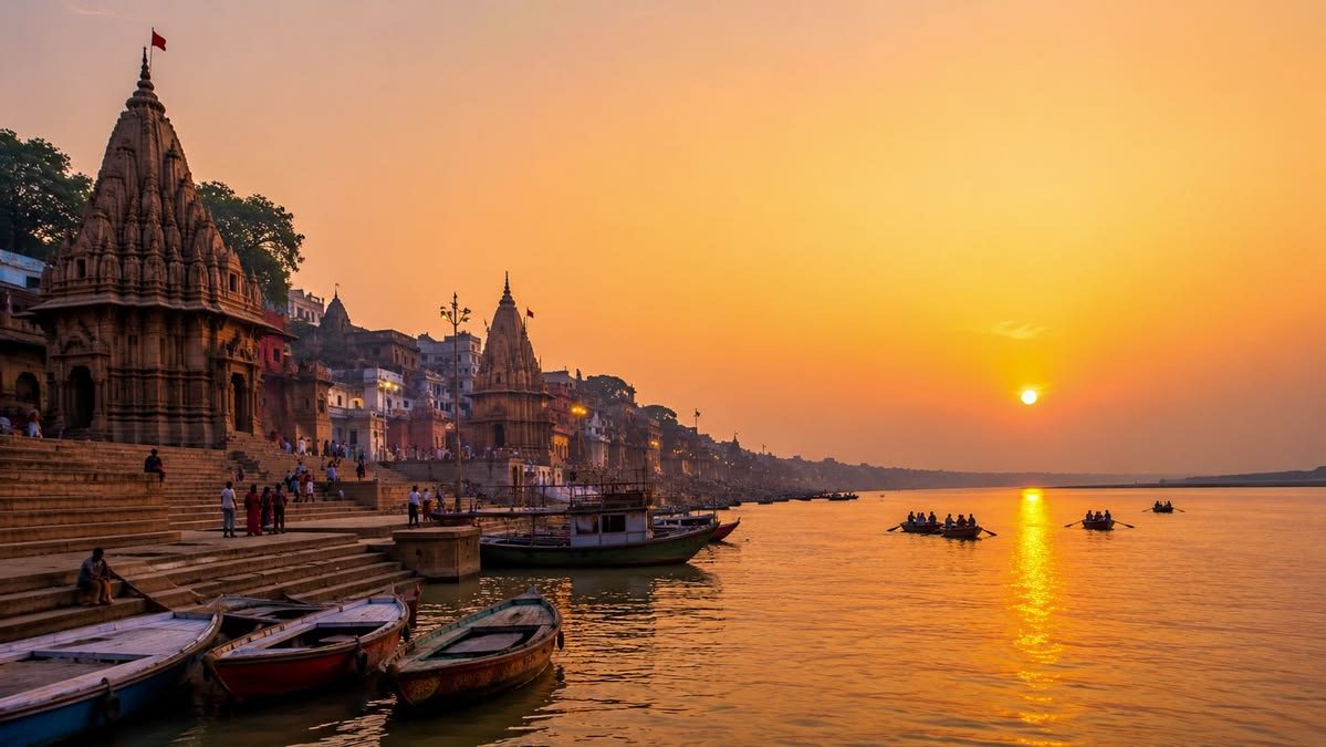 Los ghats de Varanasi al amanecer sobre el Ganges